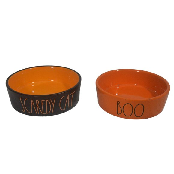 Rae Dunn Halloween Cat Bowls SCAREDY CAT and BOO Ceramic Black & Orange Set - Picture 1 of 4